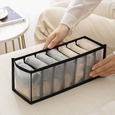 Boîte de rangement noire pour lingerie, avec 7 compartiments et 1 séparateur de tiroir pliable, idéale pour la maison, le dressing et les voyages. (1/5)