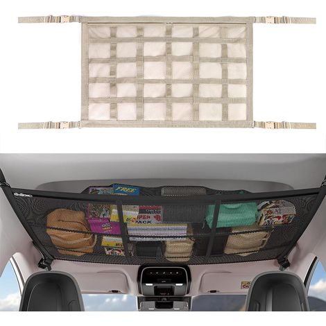 Filet de Rangement pour Toit Voiture, Organiseur de Toit de Voiture, Filet de Rangement de Plafond pour Longs Voyages pour SUV, Fourgonnette (Beige, 90 65cm) (1/5)