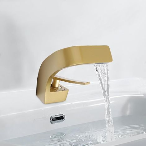 bad wasserfall armatur waschtischarmatur modern Design badezimmerarmatur elegant für Waschtischarmatur Kupfer Armatur Badezimmer wasserhahn 0-80℃ (Gold) (1/5)