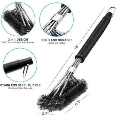 Grill brush, 3-in-1 grill cleaning brush, long handle, stainless steel bristles, cleans all grills quickly and efficiently