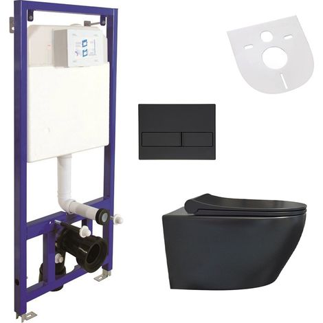 Aloni WC Schwarz Matt Spülrandlos Wand WC - Komplettset mit Vorwandelement, Betätigungsplatte Softclose Deckel Schallschutz WC Schwarz Matt Spülrandlos Wand WC - Komplettset mit Vorwandelement, Betäti (1/5)