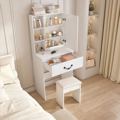 Coiffeuse Compacte avec Miroir LED Réglable, Rangement Intégré et Tabouret Rembourré, 60x36x131.5 cm, Blanc