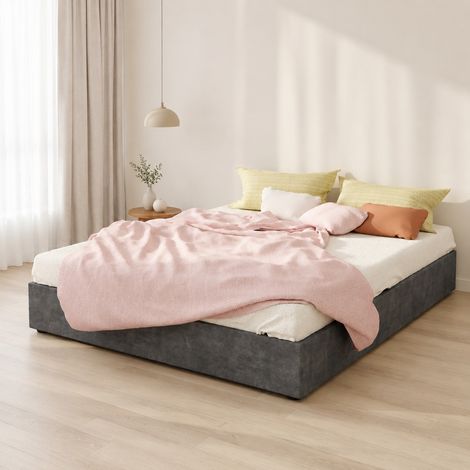 Letto matrimoniale 160x200 cm, struttura integrata, design moderno, montaggio rapido, tessuto e metallo grigio (1/5)