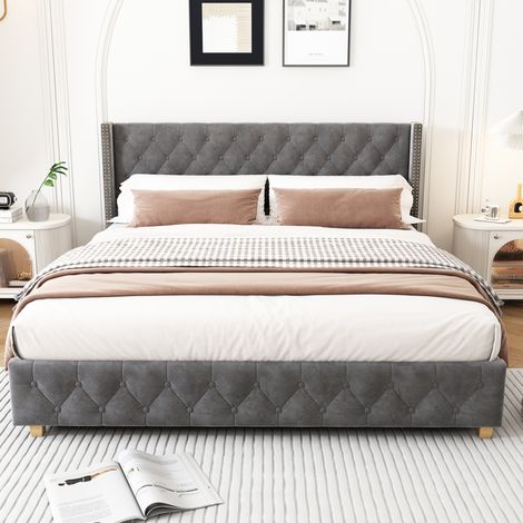 Lit tapissé 180/200 cm gris en velours à tête de lit capitonnée avec sommier à lattes (1/5)