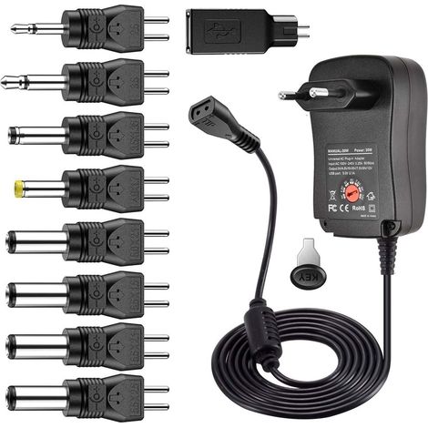 30W Adaptateur Universel Polarité Réversible d'alimentation Transformateur avec 9 Embouts sélectionnables, pour 3V, 4.5V, 5V, 6V, 7.5V, 9V, 12V Electronique Domestique Noir (1/5)