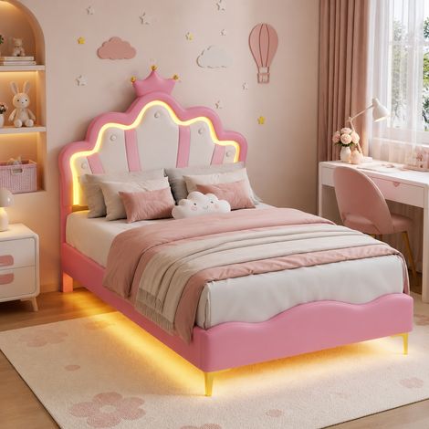 Lit enfant simple 90×190cm avec lumière LED, lit princesse avec tête de lit réglable, lit capitonné avec couronne, tête de lit nuage, sommier à lattes, PU, Rose