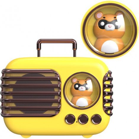 Altoparlante Bluetooth retrò a forma di gattino in valigia, portatile, ricaricabile tramite USB, piccolo dispositivo audio Bluetooth da scrivania, 96 x 56 x 51 mm, giallo. (1/3)