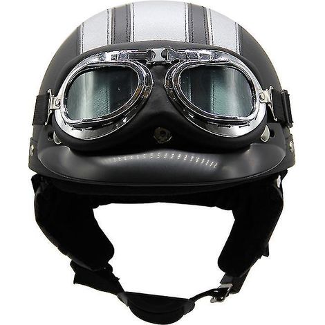 Casque de moto d'été léger en cuir style rétro Harley, avec lunettes de sécurité, demi-casque tendance, pour véhicules électriques, noir et argent. (1/3)