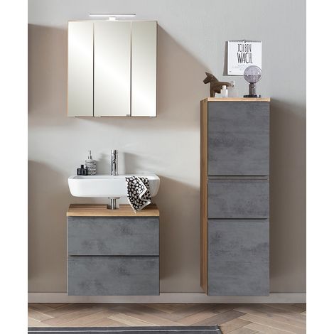 Badmöbel Set mit LED Beleuchtung, Wotan Eiche Nb. mit Beton Optik, VASTO-03-CONCRETE, B/H/T ca. 115/200/35 cm (1/5)