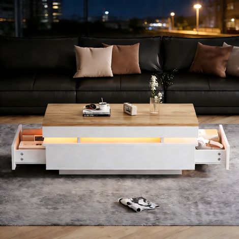 Tavolino da caffè a LED 100x50x35 cm con 2 cassetti, soggiorno, in truciolato, bianco e legno (1/5)