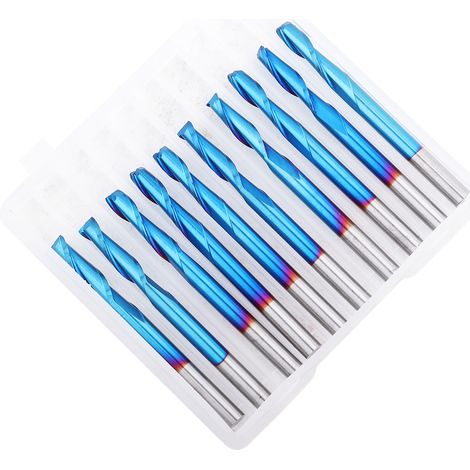 Set de 10 fraises hélice 2 dents boule carbure, revêtement bleu, gravure bois/métal, tige 3,175 x 12 mm (1/5)