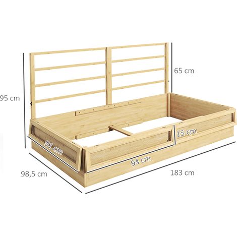 Bac de culture en bois de sapin naturel 183 x 98,5 x 95 cm combiné à un treillis, filets de protection, fond ouvert, pour plantes grimpantes, jardin et balcon