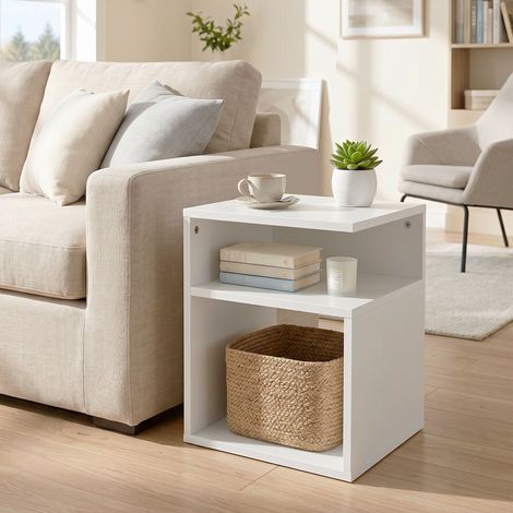 Table d’appoint multi-usage blanche moderne à trois niveaux d’étagères ouvertes, adaptée comme table basse salon, chevet chambre ou table d’appoint pour bureau et petit espace (1/5)