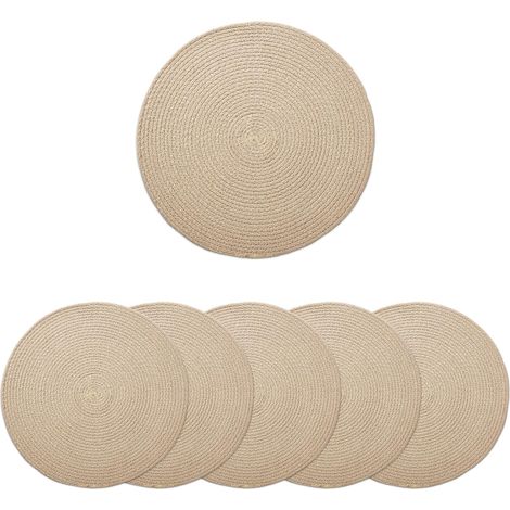 Ensemble de 6 Sets de Table, Coton, Diamètre 33 cm, Beige, Style Côtelé, Fait à la Main, Salle à Manger