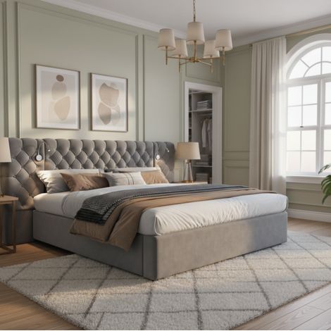letto contenitore 160x200 con LED velluto grigio OKMYHOME (1/5)