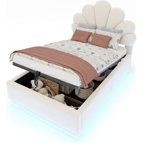 Polsterbett 90x200 cm mit Hydraulischem Bettkasten, Einstellbarer LED, Blütenförmigem Kopfteil, Beige (1/5)