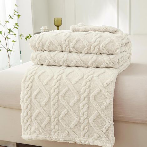 Couverture douillette pour canapé, style bohème, 150 x 200 cm, en polaire, douce et chaude, pour lit, canapé, blanc crème (1/5)