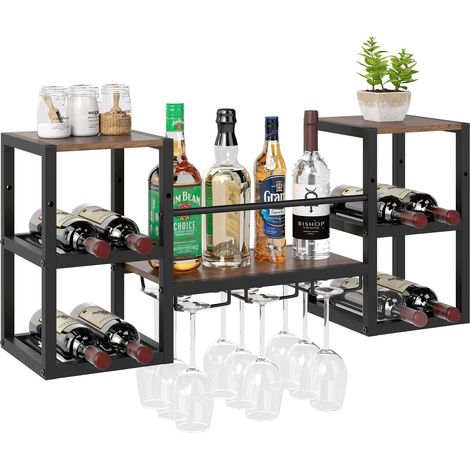 Botellero de pared con soporte para copas, 8 botellas, marrón rústico (1/5)