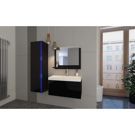 Badezimmermöbel-Set in Schwarz, Kollektion BIRD, Hochschrank, Waschbeckenunterschrank 80 cm, Spiegel