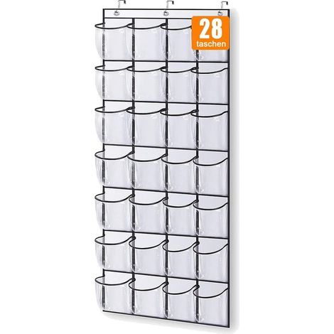 Organisateur de rangement à chaussures à suspendre à une porte, avec 28 grandes poches. Étagère à chaussures en filet transparent. (1/5)