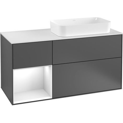 Finion, Muebles de baño, 1200 x 603 x 501 mm, Angular, con estantería (iluminada), modelo suspendido, En madera, lavabo a la derecha, iluminación LED, 1x LED / 2.3W, 2700 K a 6480 K, Lacado Blanco Bri