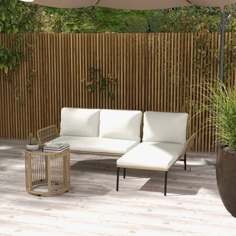 Ensemble de mobilier de jardin 3 pièces en résine tressée crème et métal, avec méridienne, canapé 2 places et table en verre (1/5)