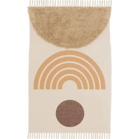 Tapis rectangulaire - JUANIO - Tissage plat imprimé avec franges et pompons - 50% coton/50% polyester - Beige - 180x120 cm (1/3)
