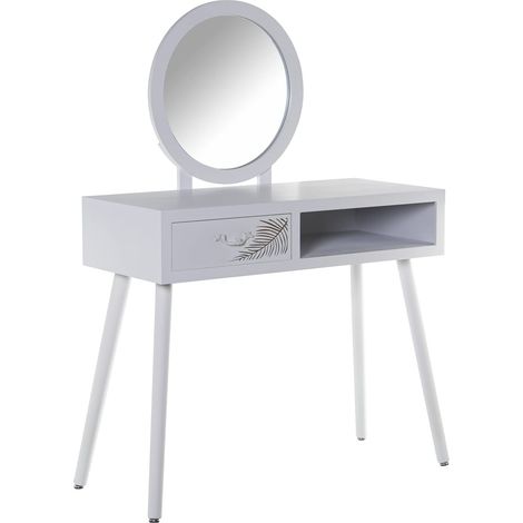 Table Coiffeuse avec 1 tiroir en Bois MDF avec Feuille et Miroir Blanc et doré 90 x 40 x 80 cm, Miroir 50 cm (1/5)