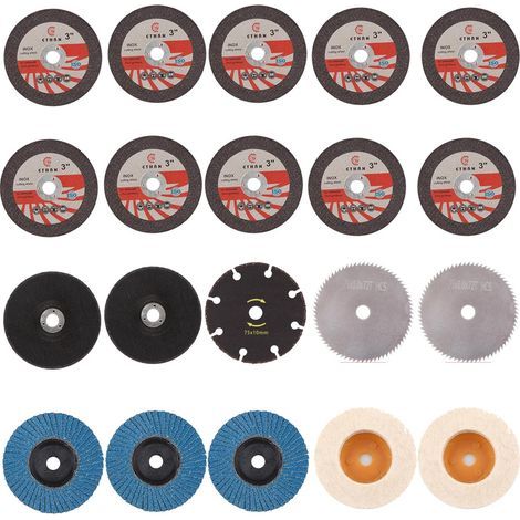 Lot de 15 disques à tronçonner 76 mm, 3 disques à lamelles de 76 mm, disques à tronçonner 76 x 10 mm, 2 disques de polissage en feutre de 75 x 10 mm, pour mini meuleuse d'angle, coupe, polissage (1/5)