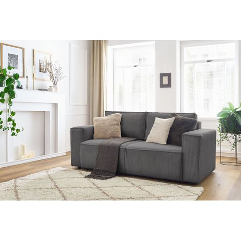 Bobochic – Canapé droit 2 places fixe – Velours côtelé gris foncé – Confort ferme – Design vintage pour petits espaces – Fabrication européenne (1/5)