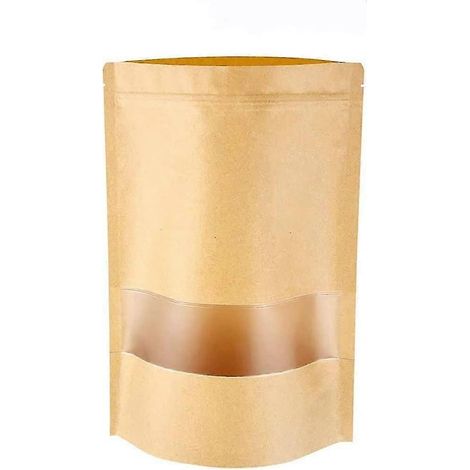 100 sachets en papier kraft à fond plat avec fermeture éclair, sacs en papier brun avec fenêtre transparente, sacs de rangement réutilisables pour aliments tels que pain, noix, grains de café et bijou (1/5)