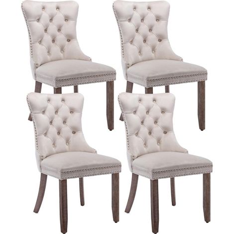 Lot de 4 chaises de salle à manger en velours beige, capitonnées, pieds bois massif (1/5)