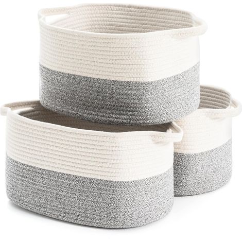 Lot de 3 paniers de rangement tissés en corde de coton - Utilisés pour les paniers cadeaux - Panier à linge pour enfants - Dimensions : 38 x 25 x 22 cm (Blanc et gris 3 pièces)