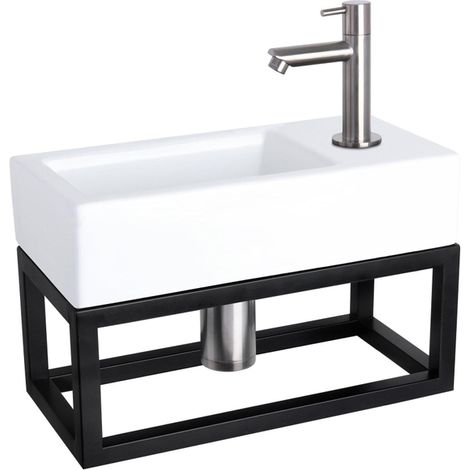 Differnz Ravo kit lave-mains - 38,5x18,5x25cm - Rectangulaire - 1 trou de robinet - Robinet chromé mat droit - avec cadre noir - Céramique blanche (1/5)