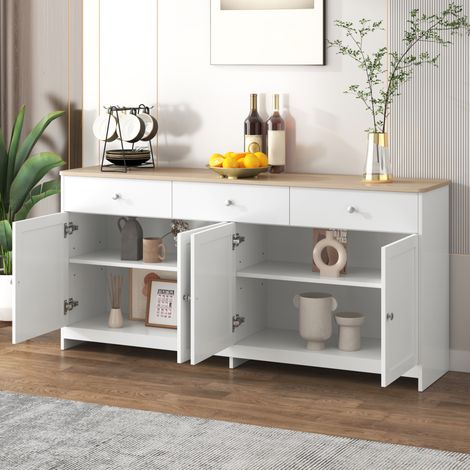 Buffet crédence à 4 portes et 3 tiroirs en MDF blanc et finition bois 160x37x75 cm OKWISH (1/5)