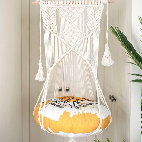 Hamac suspendu en corde de coton avec pompons et décorations en tapisserie pour chat, idéal pour la maison et le jardin. (1/5)
