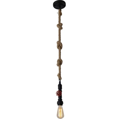 Suspension Industrielle en Métal Noir et Corde de Chanvre Naturelle, Douille E27 pour Salon et Bureau - PANGIVO (1/5)