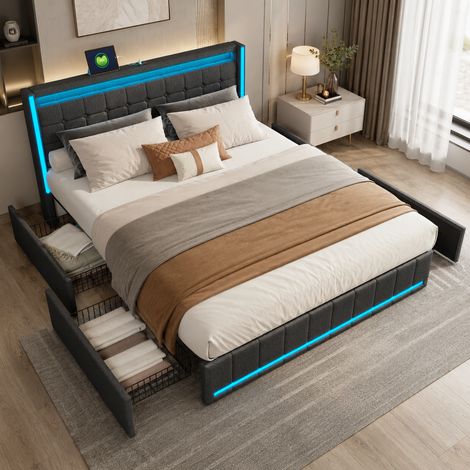 Lit double 180x200, Cadre de lit avec éclairage led, charge usb et 4 tiroirs, Lit deux place pour adulte et adolescent, gris lin, sans matelas (1/5)