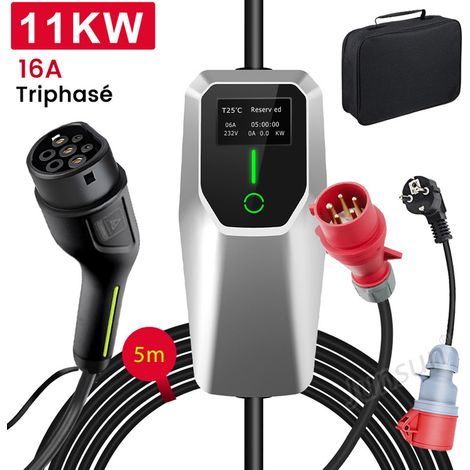 Câble de recharge Type 2 16A 11kW triphasé 5m portable 1adaptateur JUNSUN (1/5)