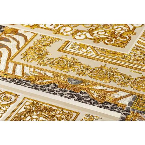 Papier peint baroque effet carreaux de ciment Tapisserie dorée & blanche pour salon original Papiers peints chics pour chambre (1/5)