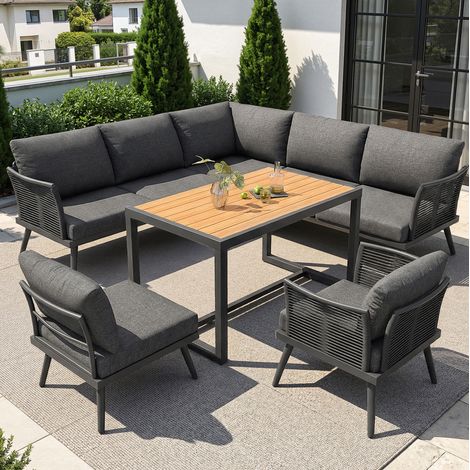 Salotto da giardino 7 posti angolare a L con tavolino WPC, cuscini lavabili grigio e beige (1/5)
