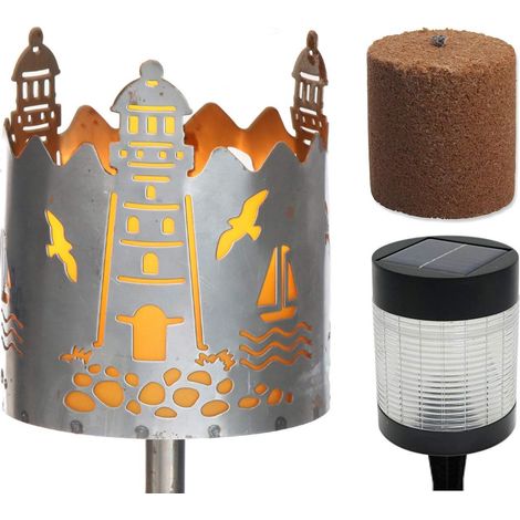 Torche de jardin, brasero de style phare, en métal avec poignée, à combustible, lampe solaire, LED