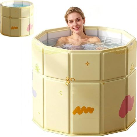 Baignoire pliable pour adulte - 70 x 70 cm - Baignoire avec siège profond - Pour eau chaude et froide - Pliable à l'intérieur - Pour petites salles de bain - Spa extérieur - Jaune (1/5)