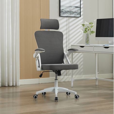 Chaise de bureau ergonomique grise rembourrée avec dossier en maille et accoudoirs relevables (1/5)