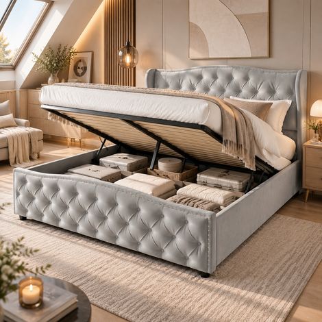 Lit coffre capitonné 160x200 cm–Lit double pour adulte de 160 x 200–Velours gris–Sommier à lattes–Rangement hydraulique–Motif en losanges avec rivets (1/5)