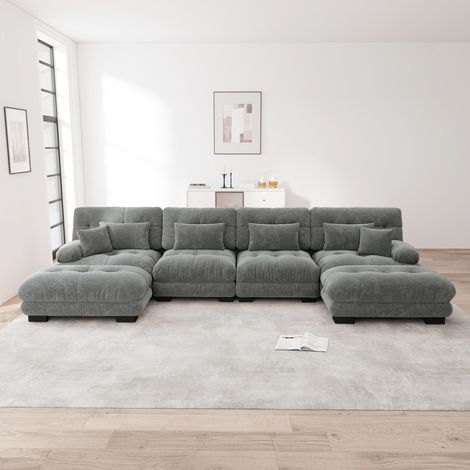 Divano lineare effetto nuvola da soggiorno, divano 4 posti in ciniglia con 2 poggiapiedi e 6 cuscini, senza montaggio - Grigio