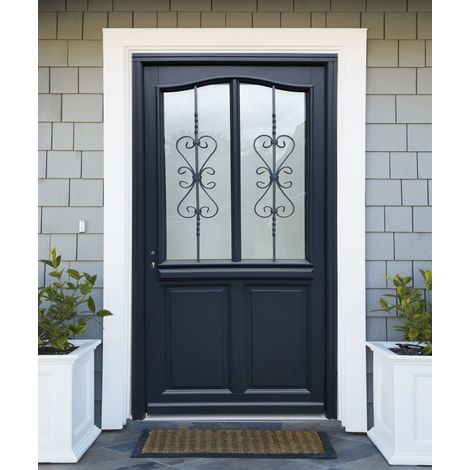 Gd Menuiseries – Porte d'entrée bois vitrée Sanna 215x90 cm – Montage droit – Poignée et barillet sécurisés – Esthétique et durabilité - 010403Fp