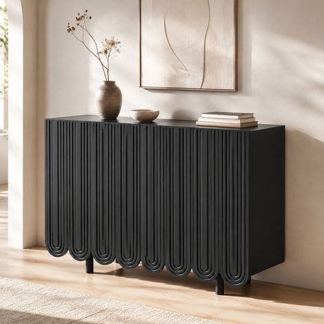 Buffet 120 x 80,8 x 37,5 cm noir avec 4 portes sculptées et charnières amorties (1/5)
