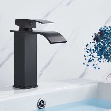 Vtizikl Robinet de salle de bain cascade noir monté sur comptoir, mitigeur de lavabo, eau chaude et froide (1/4)