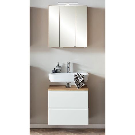Waschbeckenunterschrank mit Spiegelschrank, 60cm, LED Beleuchtung, VASTO-03-WHITE, Wotan Eiche Nb. mit weiß matt, B/H/T ca. 60/200/35 cm (1/5)